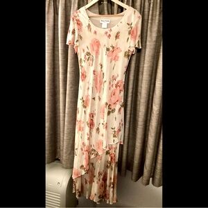 XL 14 Vintage Bias Cut Roses Rayon Crepe Gown Maxi Dress Romantic Feminine